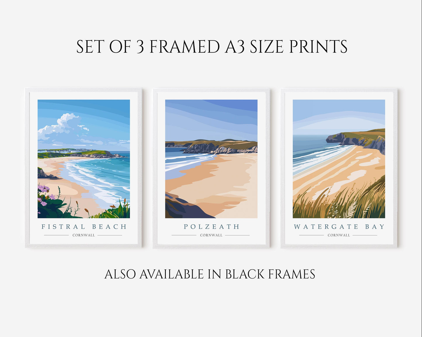 Cornwall Beach Prints Set: Fistral, Polzeath and Watergate Bay Travel Posters
