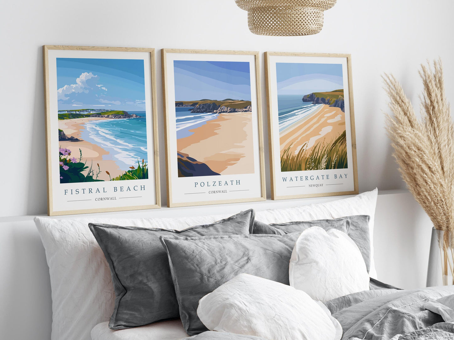 Cornwall Beach Prints Set: Fistral, Polzeath and Watergate Bay Travel Posters