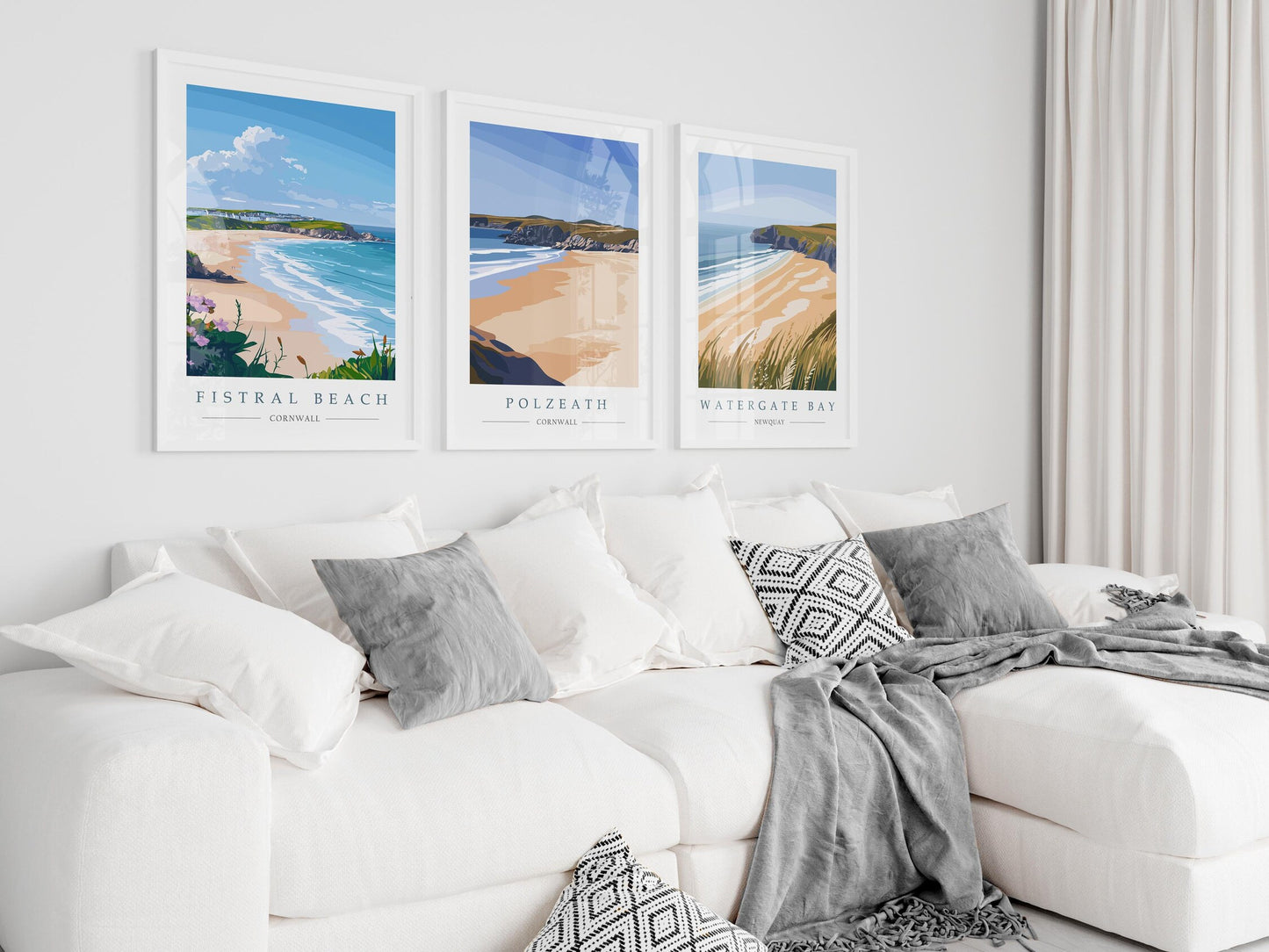 Cornwall Beach Prints Set: Fistral, Polzeath and Watergate Bay Travel Posters