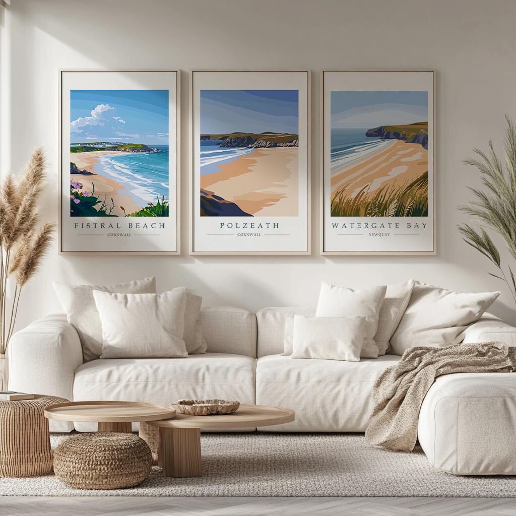 Cornwall Beach Prints Set: Fistral, Polzeath and Watergate Bay Travel Posters