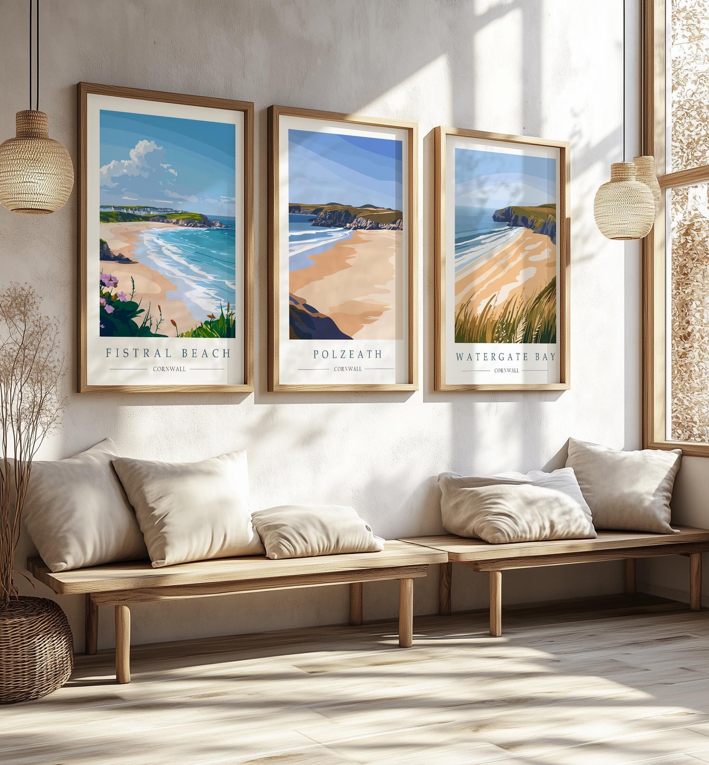 Cornwall Beach Prints Set: Fistral, Polzeath and Watergate Bay Travel Posters