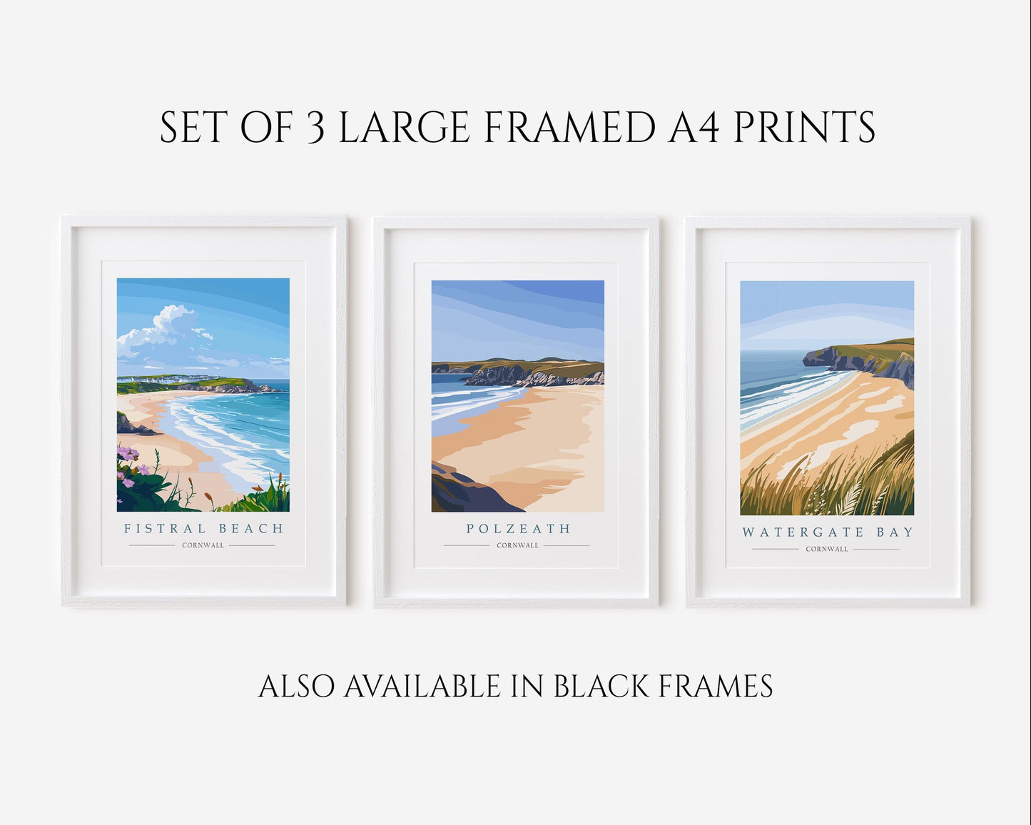 Cornwall Beach Prints Set: Fistral, Polzeath and Watergate Bay Travel Posters