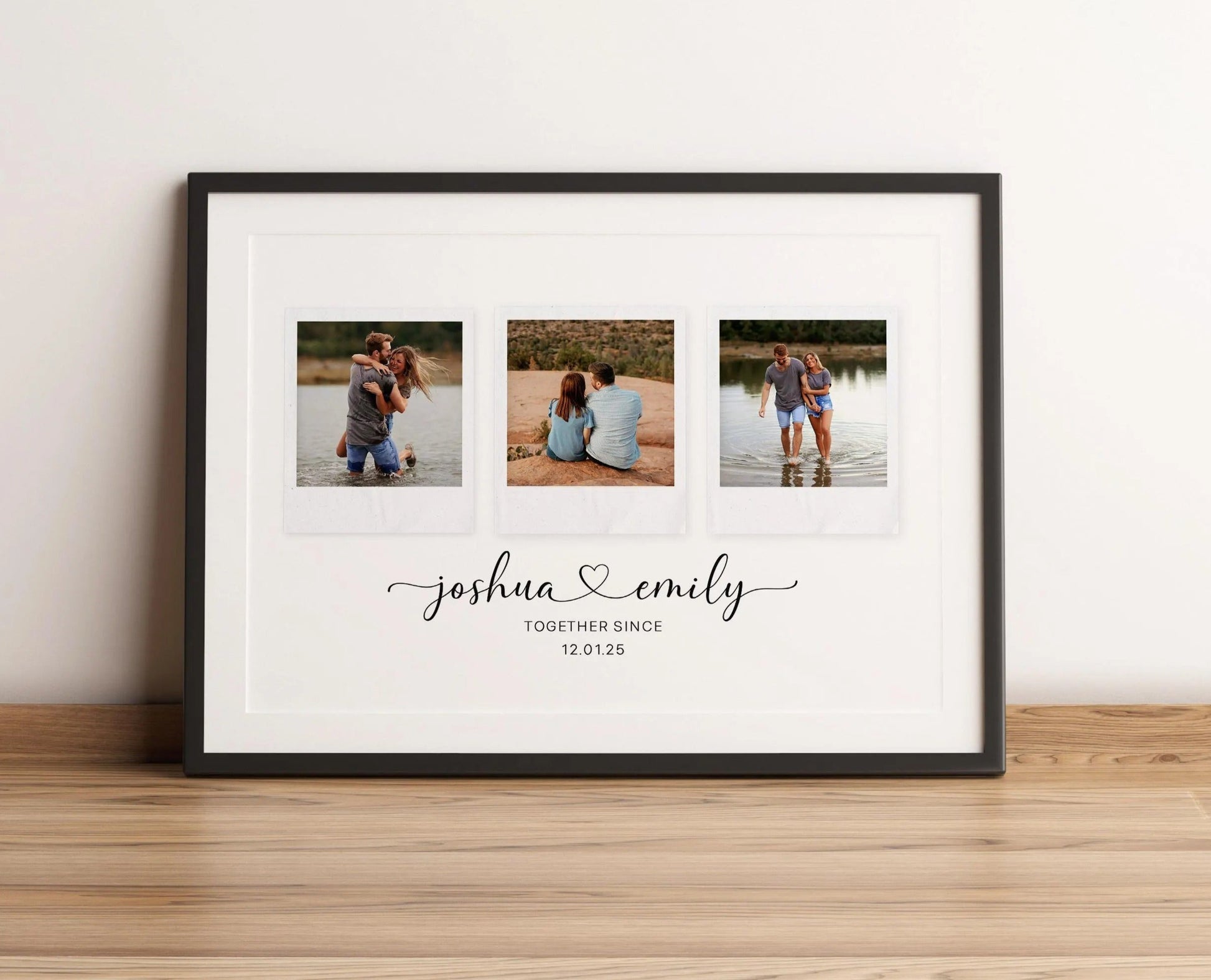 Framed photo collage with three images of a couple and personalized text on a wooden surface.